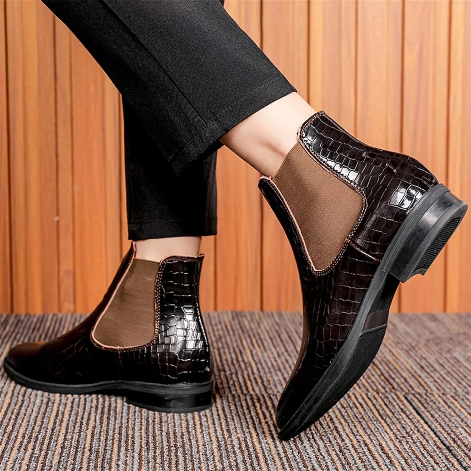 HOOENG Chelsea Boots for Men Crocodile Print Elastic Bandage Cowhide Leather on Non Slip Wearable Anti-Slip Fashion Dress