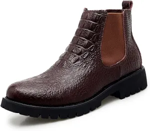 HOOENG Chelsea Boots for Men Crocodile Print Elastic Bandage Cowhide Leather Waterproof Slip on Wearable Non Slip Casual (Color : Brown, Size : 7.5)