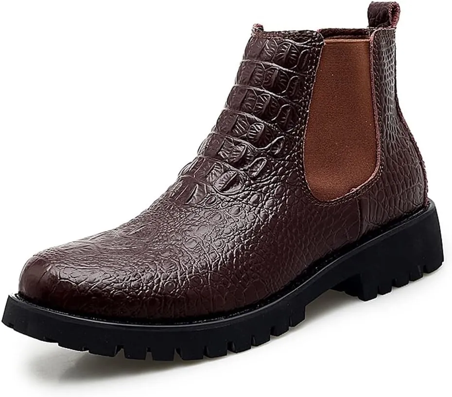 HOOENG Chelsea Boots for Men Crocodile Print Elastic Bandage Cowhide Leather Waterproof Slip on Wearable Non Slip Casual (Color : Brown, Size : 7.5)