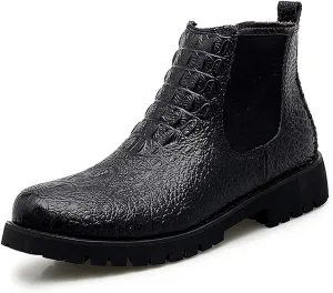 HOOENG Round Toe Ankle Boots for Men Crocodile Print Elastic Bandage Genuine Leather Non Slip Anti-Slip Wearable Slip on Waterproof Formal (Color : Black, Size : 8)