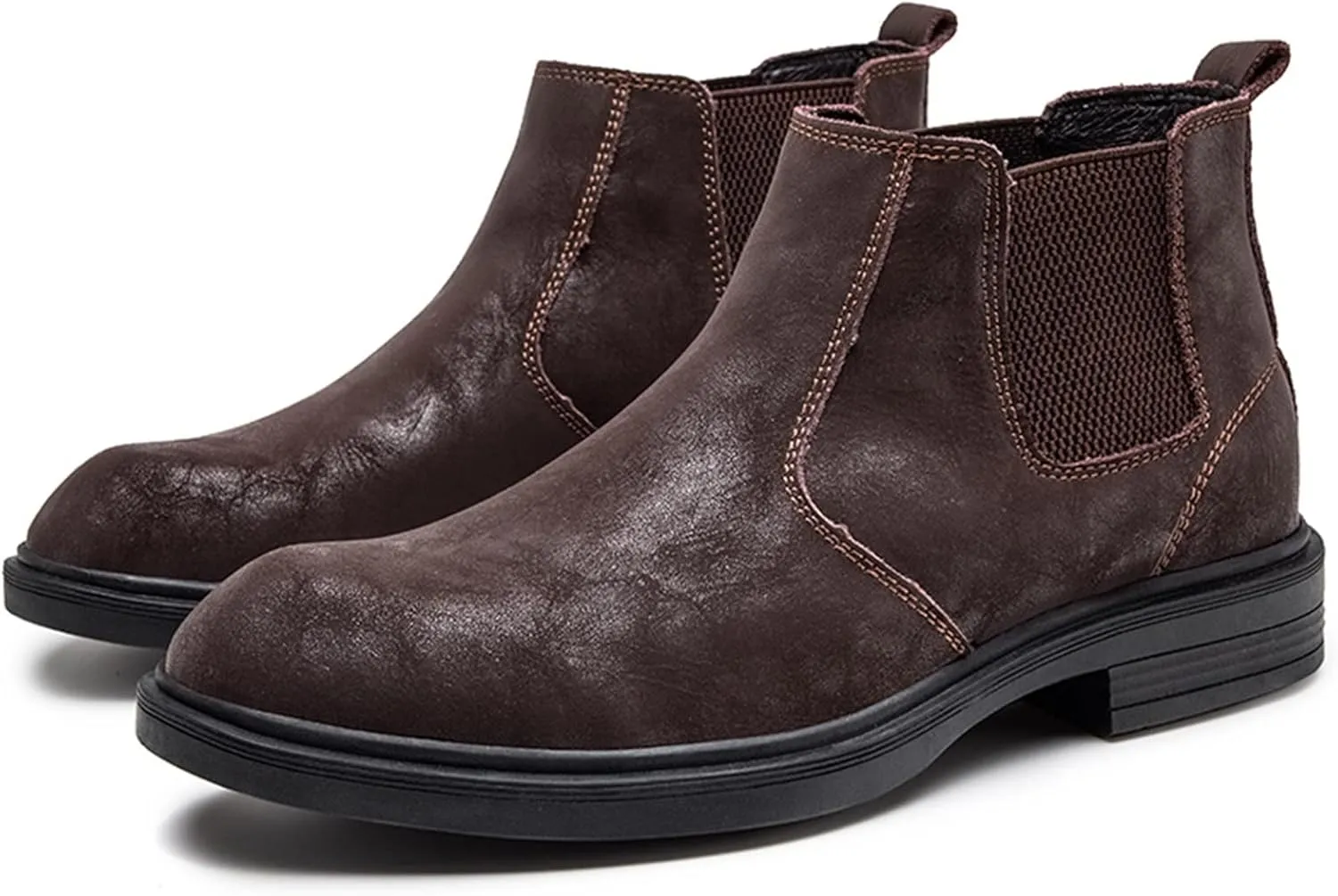 HOOENG Round Toe Ankle Boots for Men Distressed Elastic Bandage Cowhide Leather on Non Slip Anti-Slip Waterproof Wearable Formal