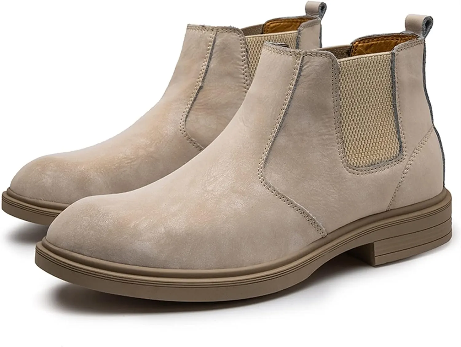 HOOENG Round Toe Ankle Boots for Men Distressed Elastic Bandage Cowhide Leather on Non Slip Anti-Slip Waterproof Wearable Formal