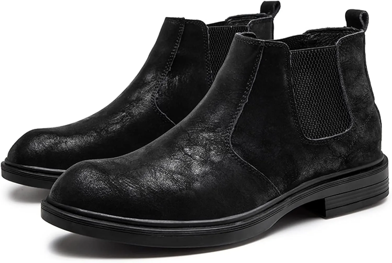HOOENG Round Toe Ankle Boots for Men Distressed Elastic Bandage Cowhide Leather on Non Slip Anti-Slip Waterproof Wearable Formal