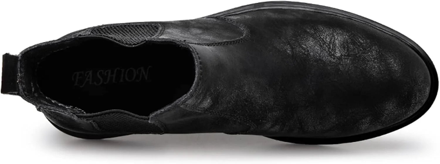 HOOENG Round Toe Ankle Boots for Men Distressed Elastic Bandage Cowhide Leather on Non Slip Anti-Slip Waterproof Wearable Formal