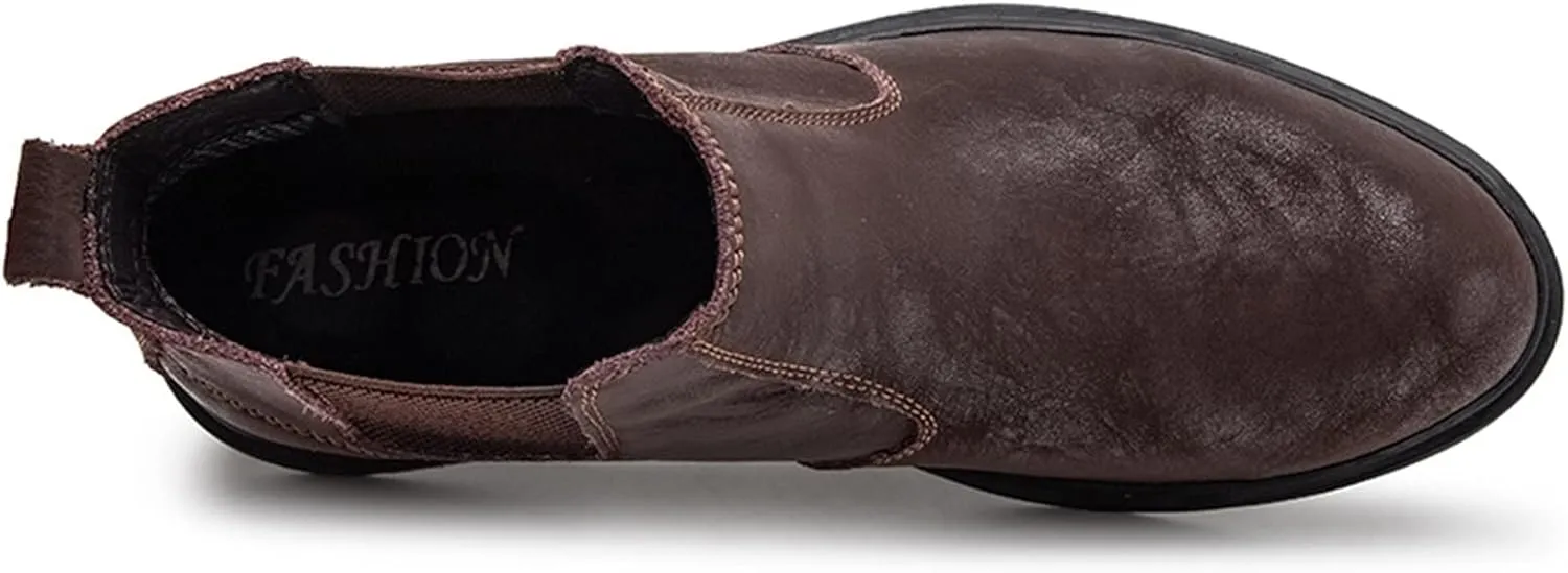 HOOENG Round Toe Ankle Boots for Men Distressed Elastic Bandage Cowhide Leather on Non Slip Anti-Slip Waterproof Wearable Formal