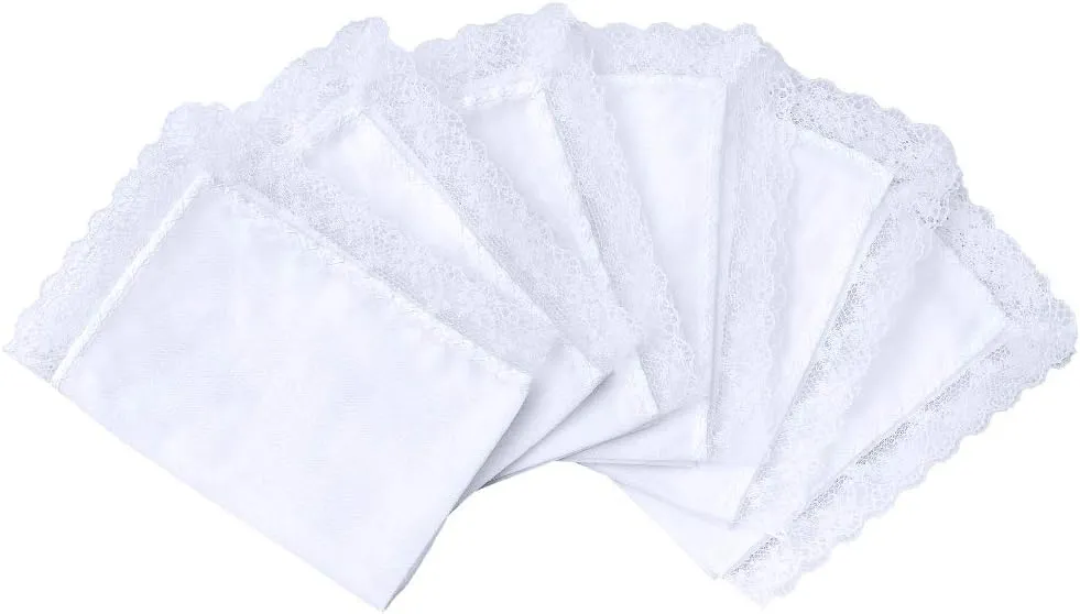 HOULIFE Ladies Cotton Handkerchiefs Soft Pure White Lace Wedding Hankies for Women 6/12/18 Pieces 10x10