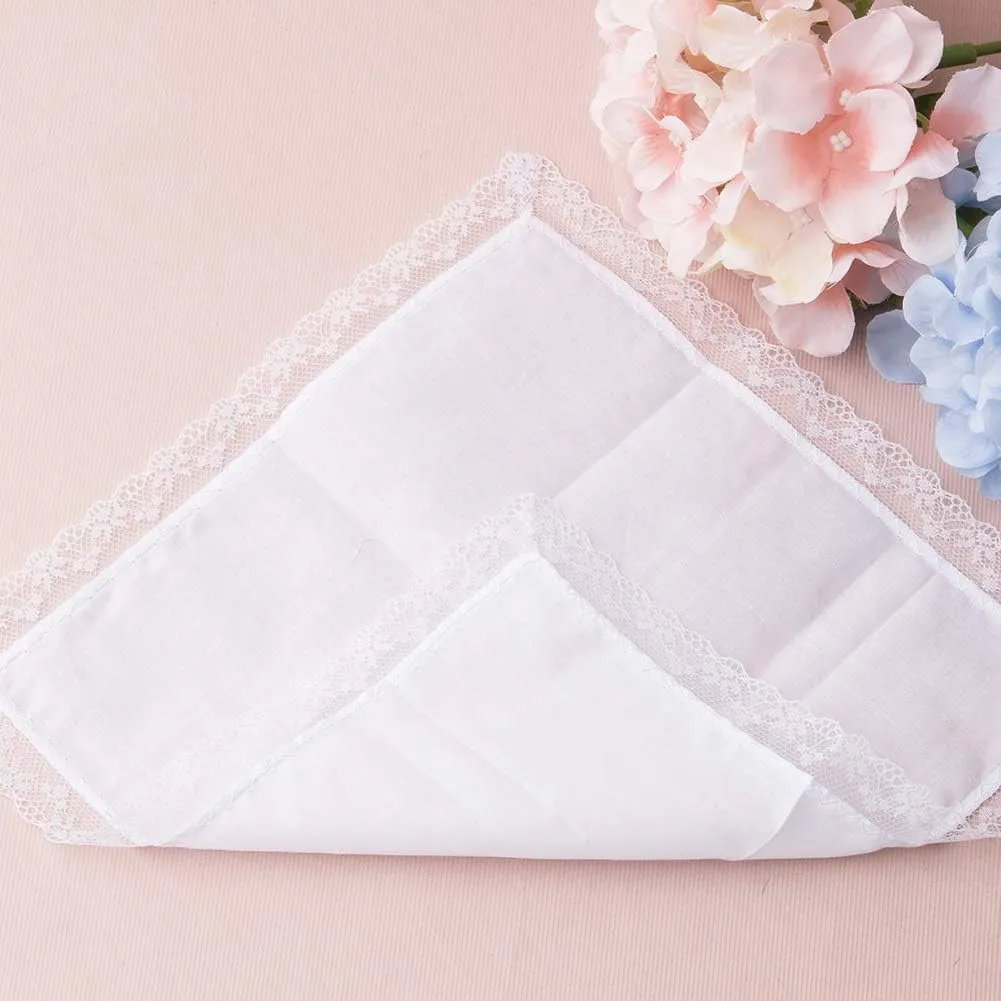 HOULIFE Ladies Cotton Handkerchiefs Soft Pure White Lace Wedding Hankies for Women 6/12/18 Pieces 10x10
