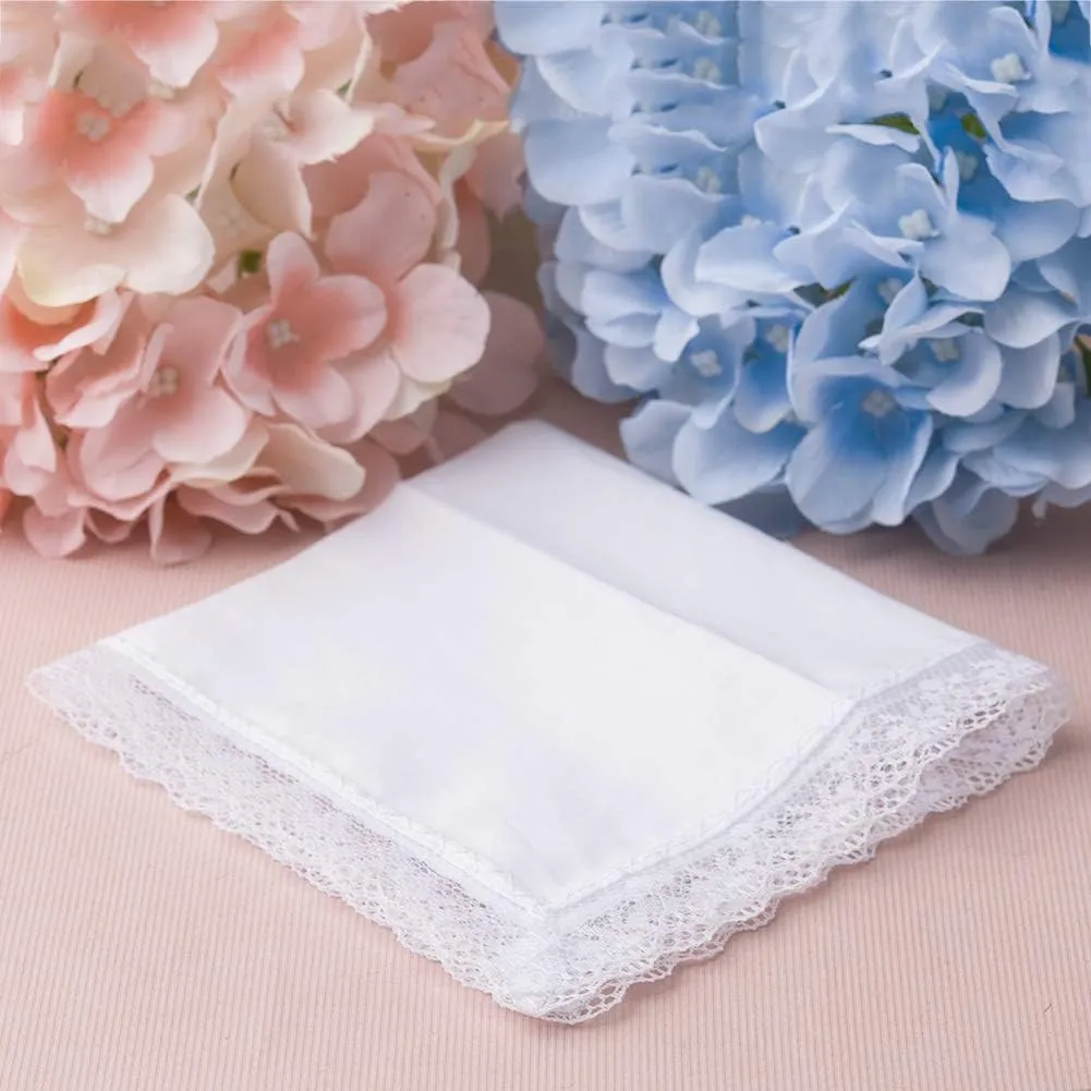 HOULIFE Ladies Cotton Handkerchiefs Soft Pure White Lace Wedding Hankies for Women 6/12/18 Pieces 10x10