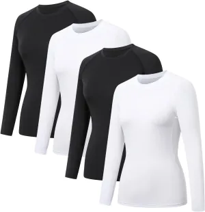 HYCOPROT 4 Pack Women's Compression Shirt Long Sleeve Workout Tops Quick Dry Baselayer Athletic T Shirt Gym Yoga Running