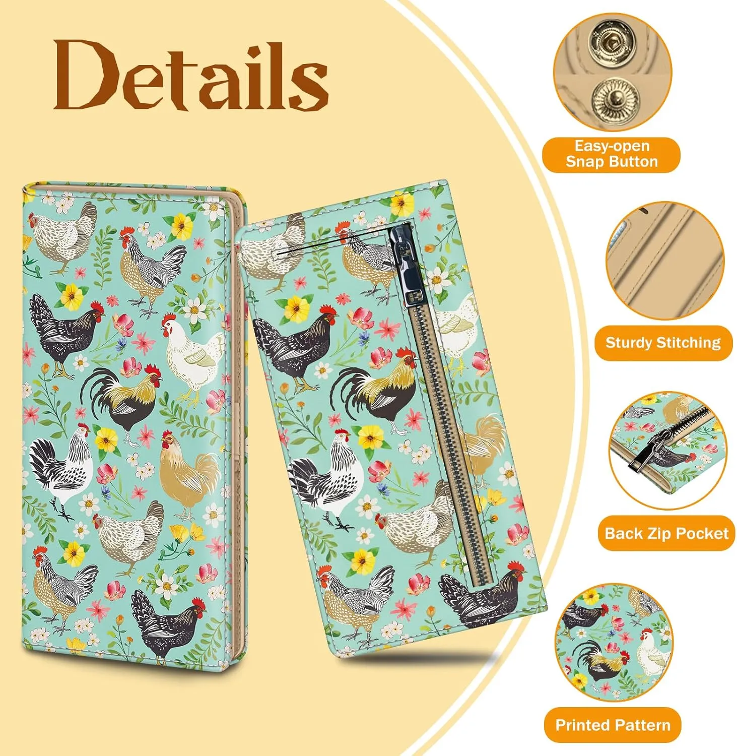 Immaturus Womens Wallet, Chickens Floral Slim Thin RFID Blocking Credit Card Wallets, Long Bifold PU Leather Card Holder Organizer, Cute Cash Clutch Billfold with Zipper Coin Pocket Ladies Girls Gift