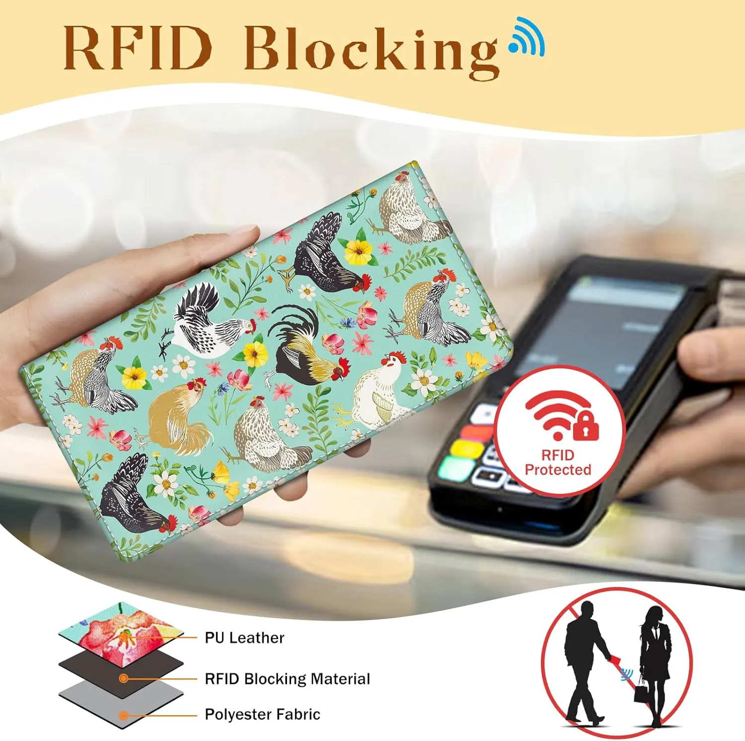 Immaturus Womens Wallet, Chickens Floral Slim Thin RFID Blocking Credit Card Wallets, Long Bifold PU Leather Card Holder Organizer, Cute Cash Clutch Billfold with Zipper Coin Pocket Ladies Girls Gift