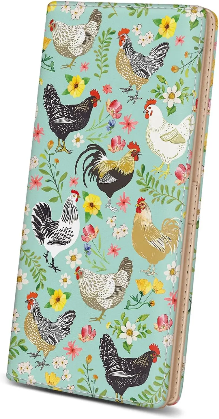 Immaturus Womens Wallet, Chickens Floral Slim Thin RFID Blocking Credit Card Wallets, Long Bifold PU Leather Card Holder Organizer, Cute Cash Clutch Billfold with Zipper Coin Pocket Ladies Girls Gift