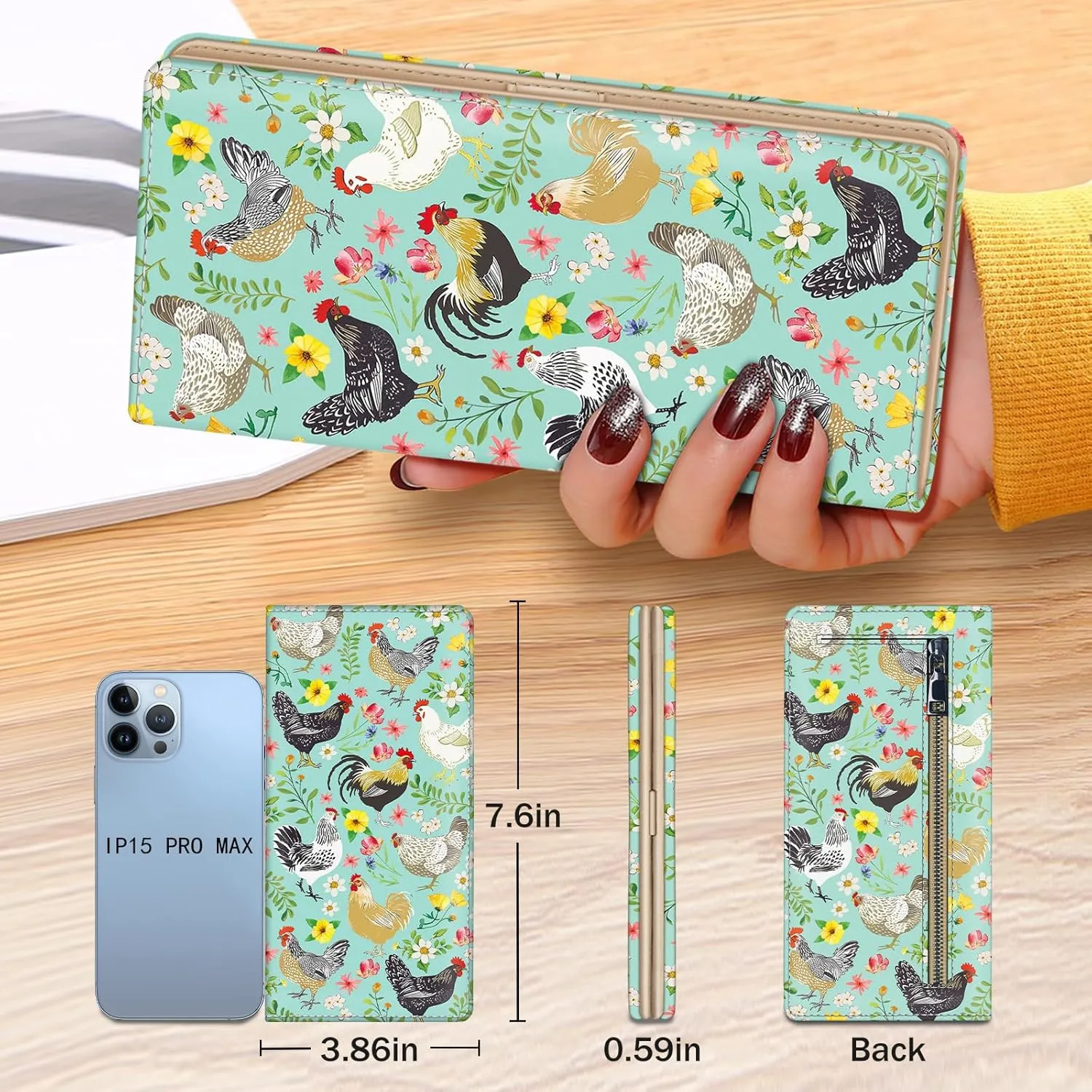 Immaturus Womens Wallet, Chickens Floral Slim Thin RFID Blocking Credit Card Wallets, Long Bifold PU Leather Card Holder Organizer, Cute Cash Clutch Billfold with Zipper Coin Pocket Ladies Girls Gift