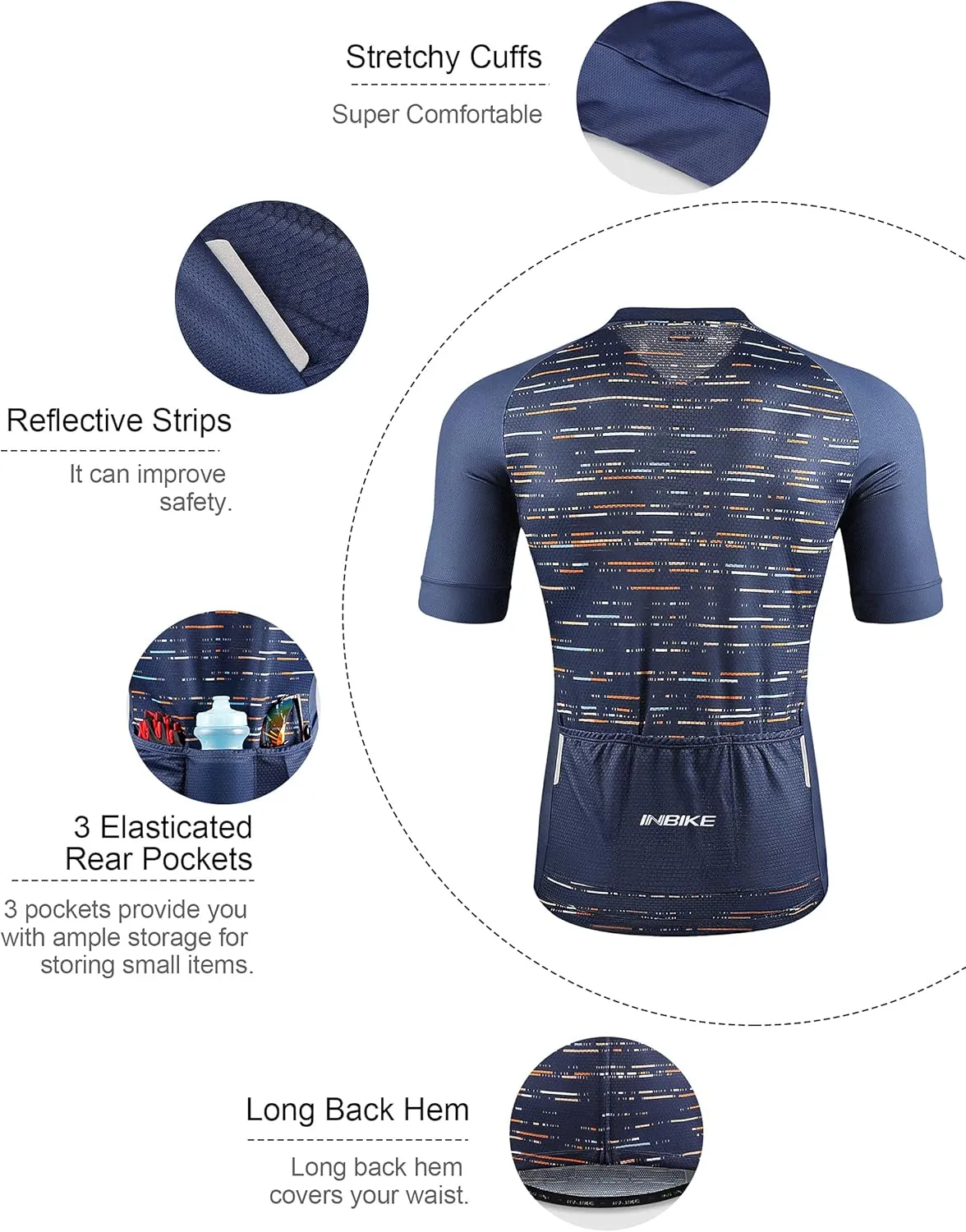 INBIKE Mens Cycling Jersey 3 Rear Pockets Moisture Wicking Short Sleeve Quick Dry Reflective Biking Shirts