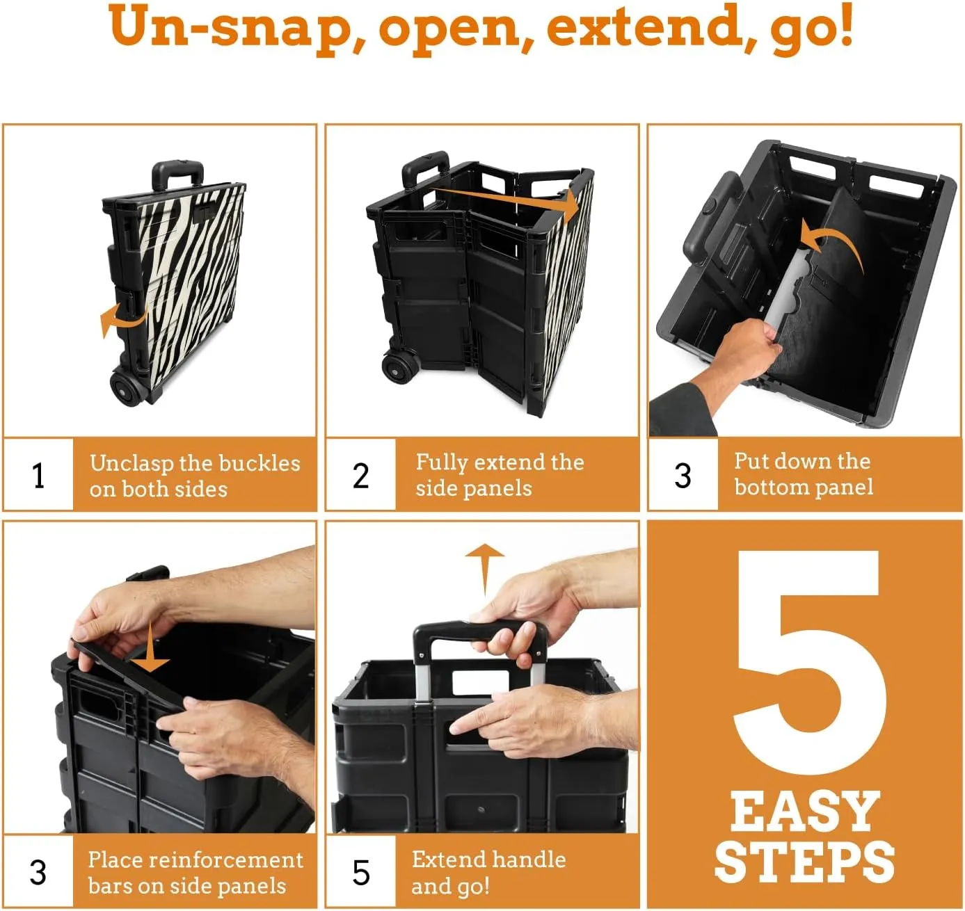 Inspired Living Ultra-Slim Rolling Collapsible Storage Pack-N-Roll Utility-carts, with Telescopic Handle, for Home, Garden, Shopping, Office, School use, Large, Zebra