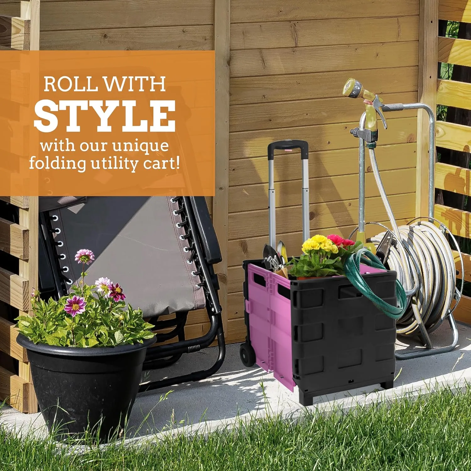 Inspired Living Ultra-Slim Rolling Collapsible Storage Pack-N-Roll Utility-carts, with Telescopic Handle, for Home, Garden, Shopping, Office, School use, Medium, Pink & Black