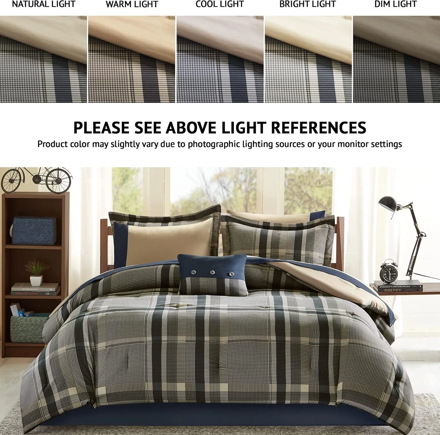 Intelligent Design Robbie Cozy Comforter Set Bed in A Bag, Modern Casual All Season Bedding Set, Matching Sham, Decorative Pillow, Navy/Tan, Queen, 9 Piece