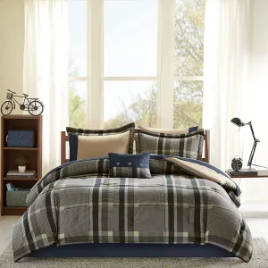 Intelligent Design Robbie Cozy Comforter Set Bed in A Bag, Modern Casual All Season Bedding Set, Matching Sham, Decorative Pillow, Navy/Tan, Queen, 9 Piece