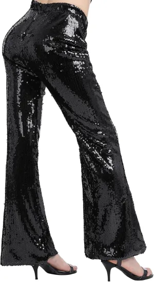 IWEMEK Women Shiny Metallic Bell Bottom Bootcut Palazzo Leggings 70s Disco Wide Leg Pants High Waist Dance Yoga Trousers