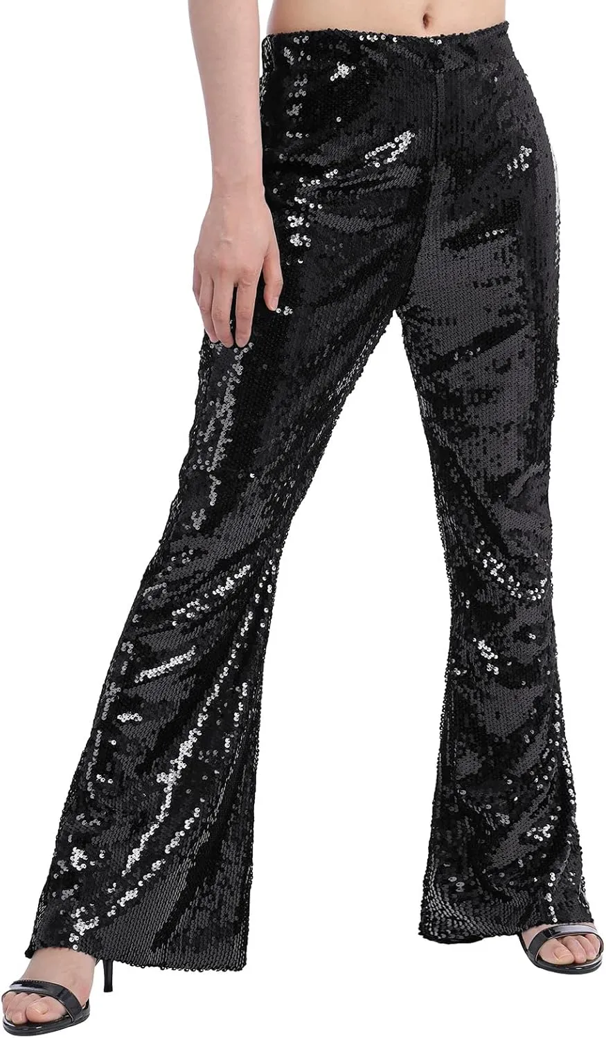 IWEMEK Women Shiny Metallic Bell Bottom Bootcut Palazzo Leggings 70s Disco Wide Leg Pants High Waist Dance Yoga Trousers