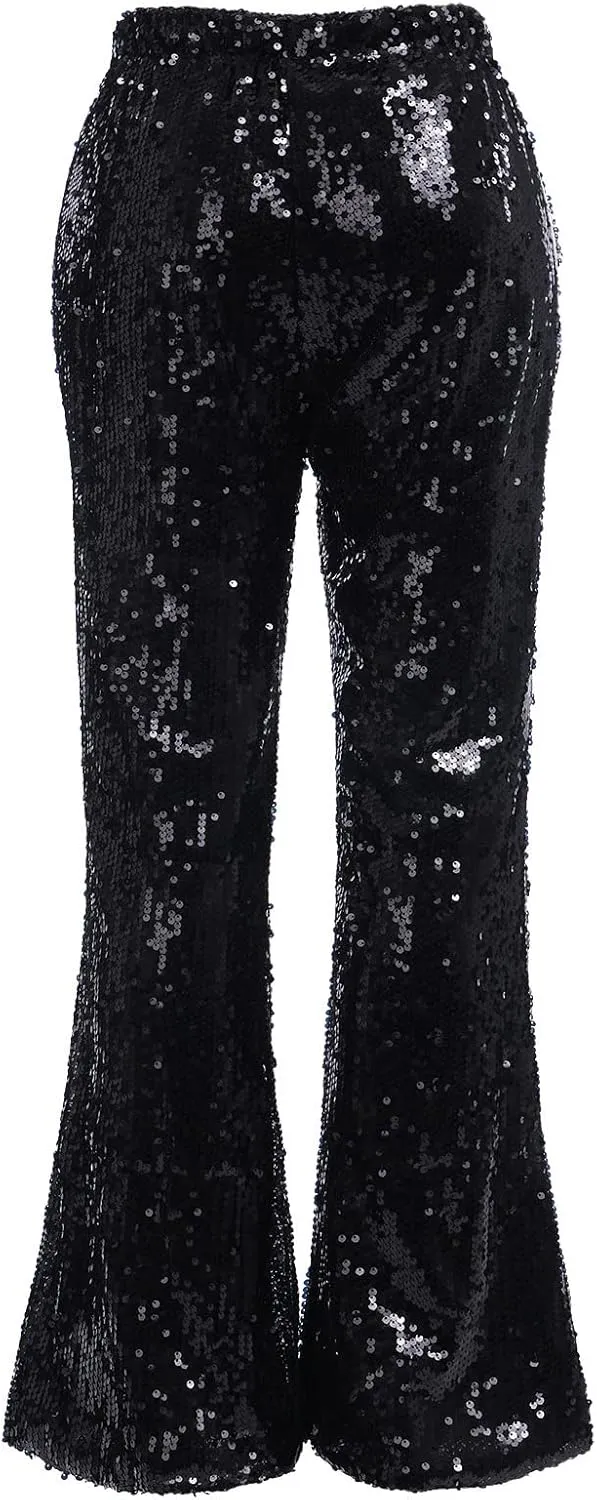 IWEMEK Women Shiny Metallic Bell Bottom Bootcut Palazzo Leggings 70s Disco Wide Leg Pants High Waist Dance Yoga Trousers