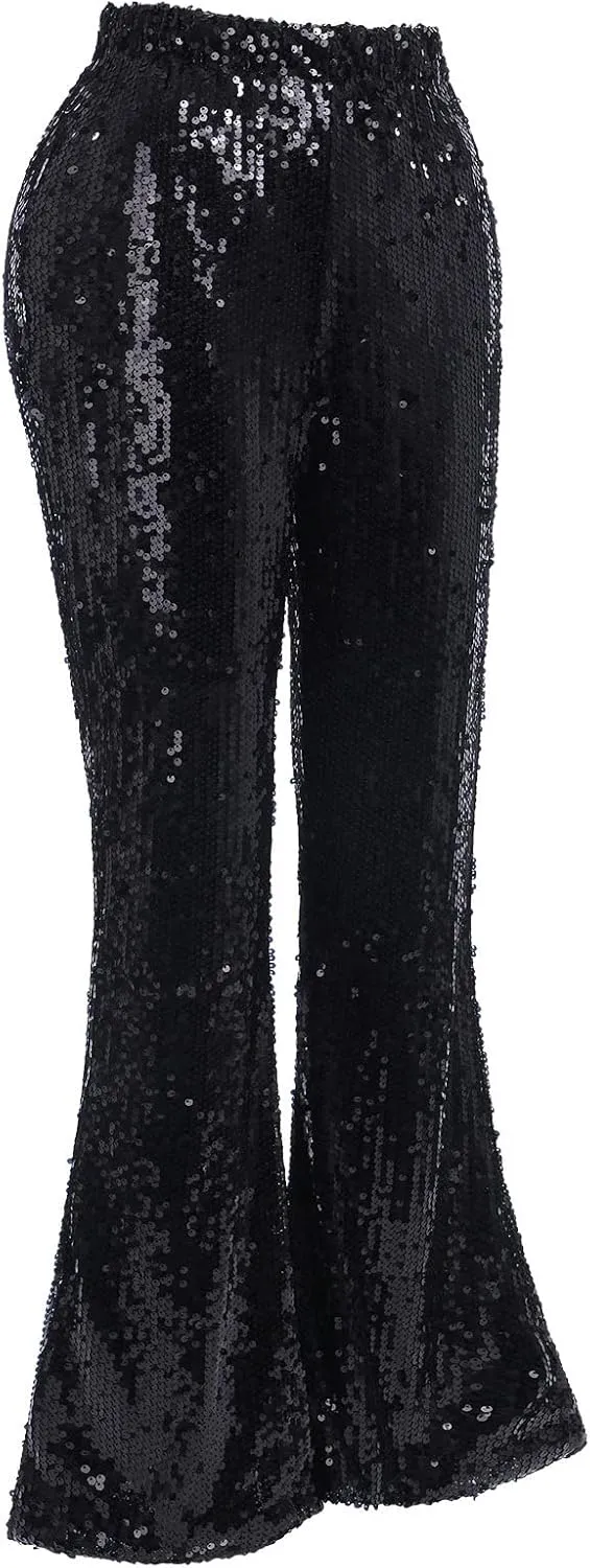 IWEMEK Women Shiny Metallic Bell Bottom Bootcut Palazzo Leggings 70s Disco Wide Leg Pants High Waist Dance Yoga Trousers