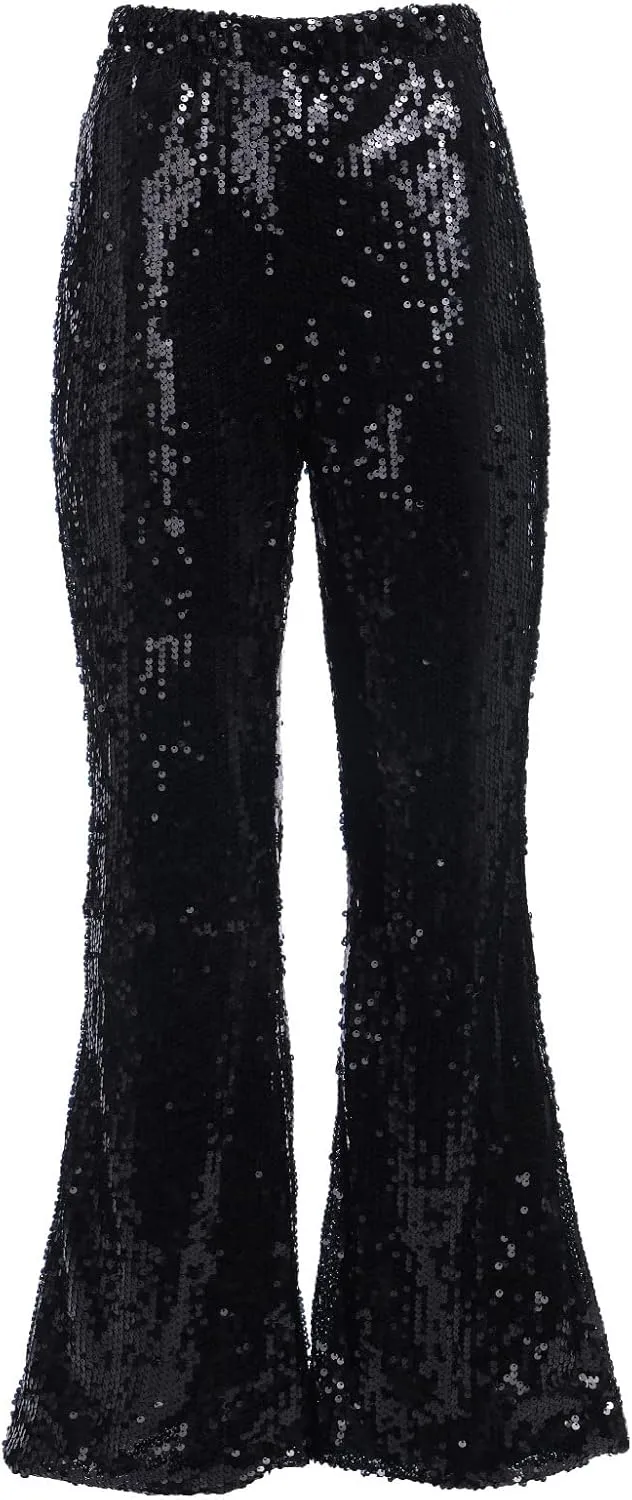 IWEMEK Women Shiny Metallic Bell Bottom Bootcut Palazzo Leggings 70s Disco Wide Leg Pants High Waist Dance Yoga Trousers