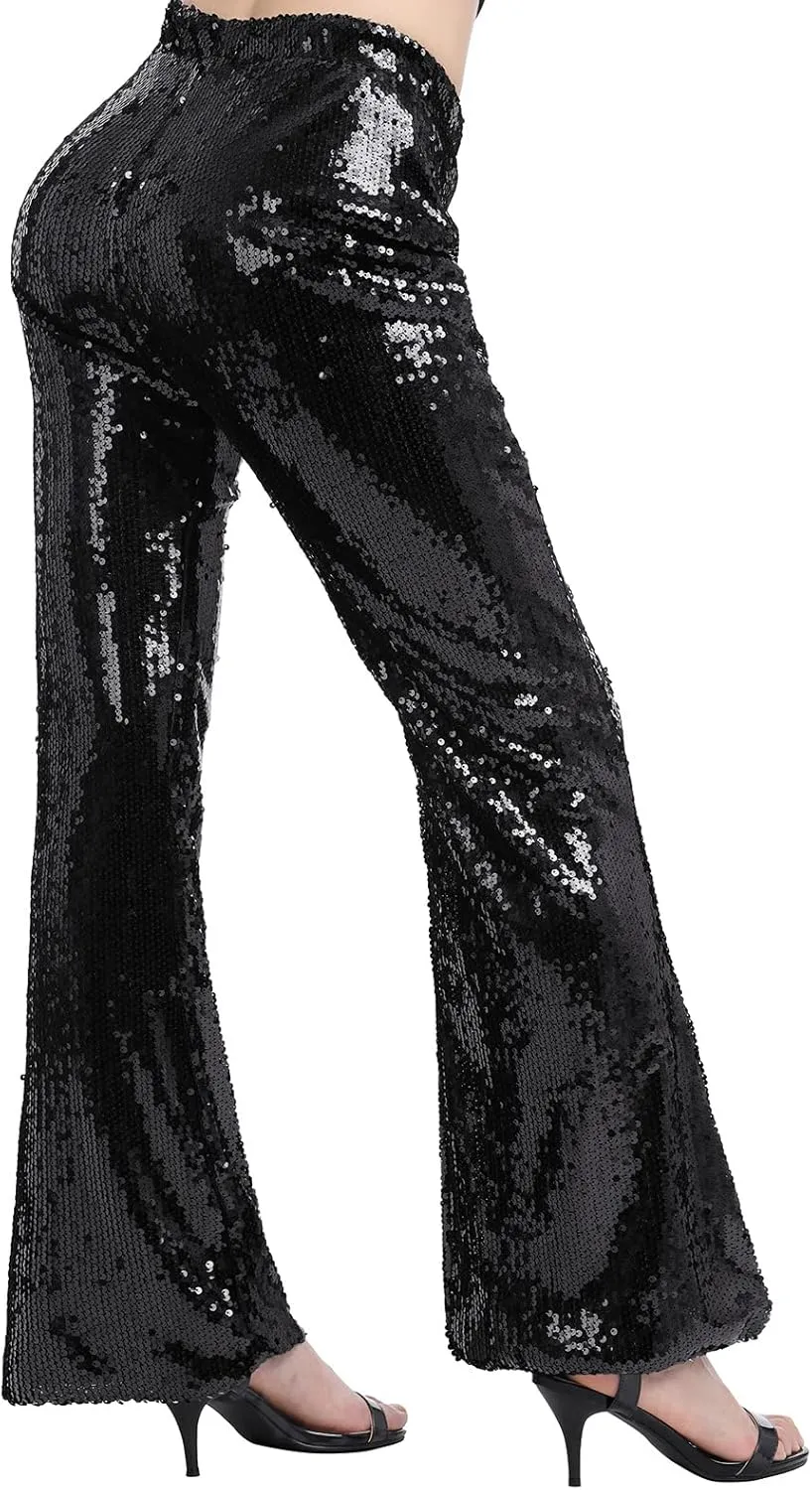 IWEMEK Women Shiny Metallic Bell Bottom Bootcut Palazzo Leggings 70s Disco Wide Leg Pants High Waist Dance Yoga Trousers