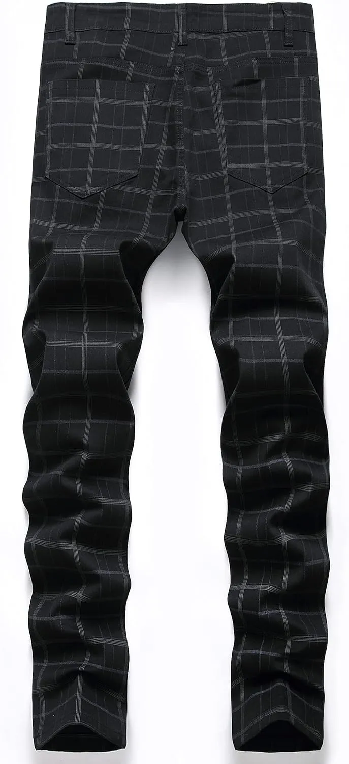 JE&NS Men's Stretch Slim Fit Flat-Front Casual Skinny Chinos Plaid Dress Pants