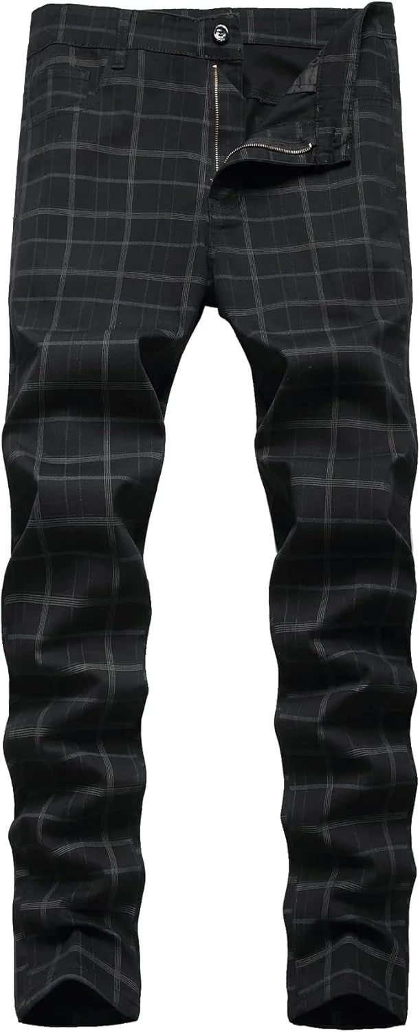 JE&NS Men's Stretch Slim Fit Flat-Front Casual Skinny Chinos Plaid Dress Pants