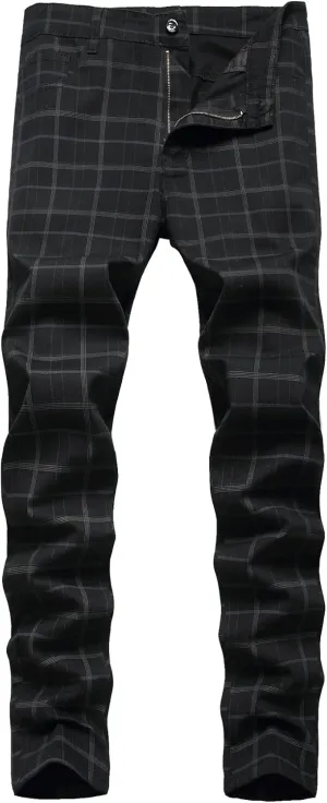 JE&NS Men's Stretch Slim Fit Flat-Front Casual Skinny Chinos Plaid Dress Pants