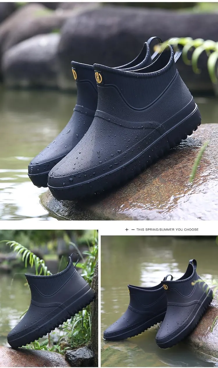 jessie Men Rain Boots Outdoor Slip On Waterproof Non-Slip Rubber Ankle Boots Rain Booties