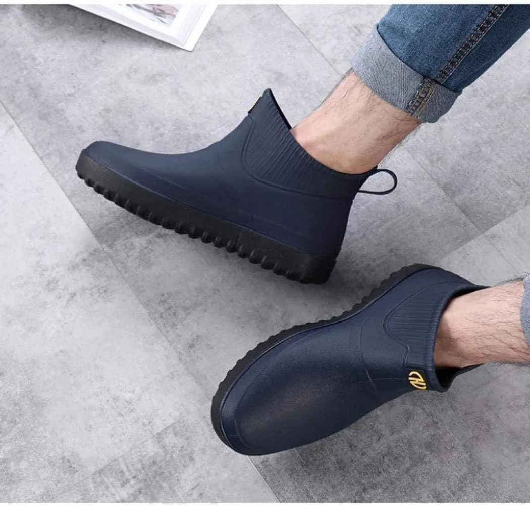 jessie Men Rain Boots Outdoor Slip On Waterproof Non-Slip Rubber Ankle Boots Rain Booties