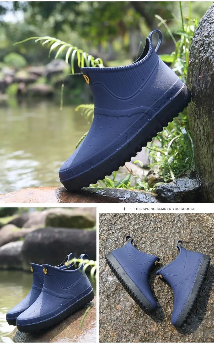 jessie Men Rain Boots Outdoor Slip On Waterproof Non-Slip Rubber Ankle Boots Rain Booties