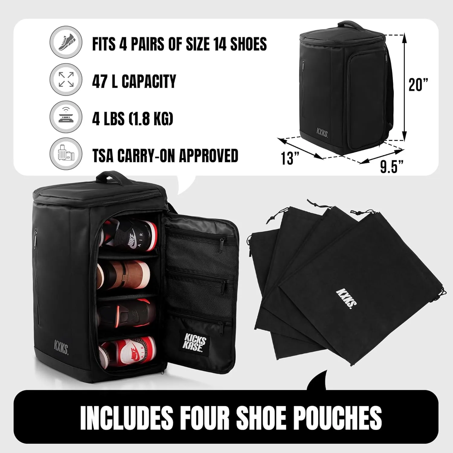 (Kicks Kase Premium Sneaker & Travel Backpack - Travel Sneaker Bag for Shoes, Perfect Gym Sports Bag, Luggage (Triple Black)