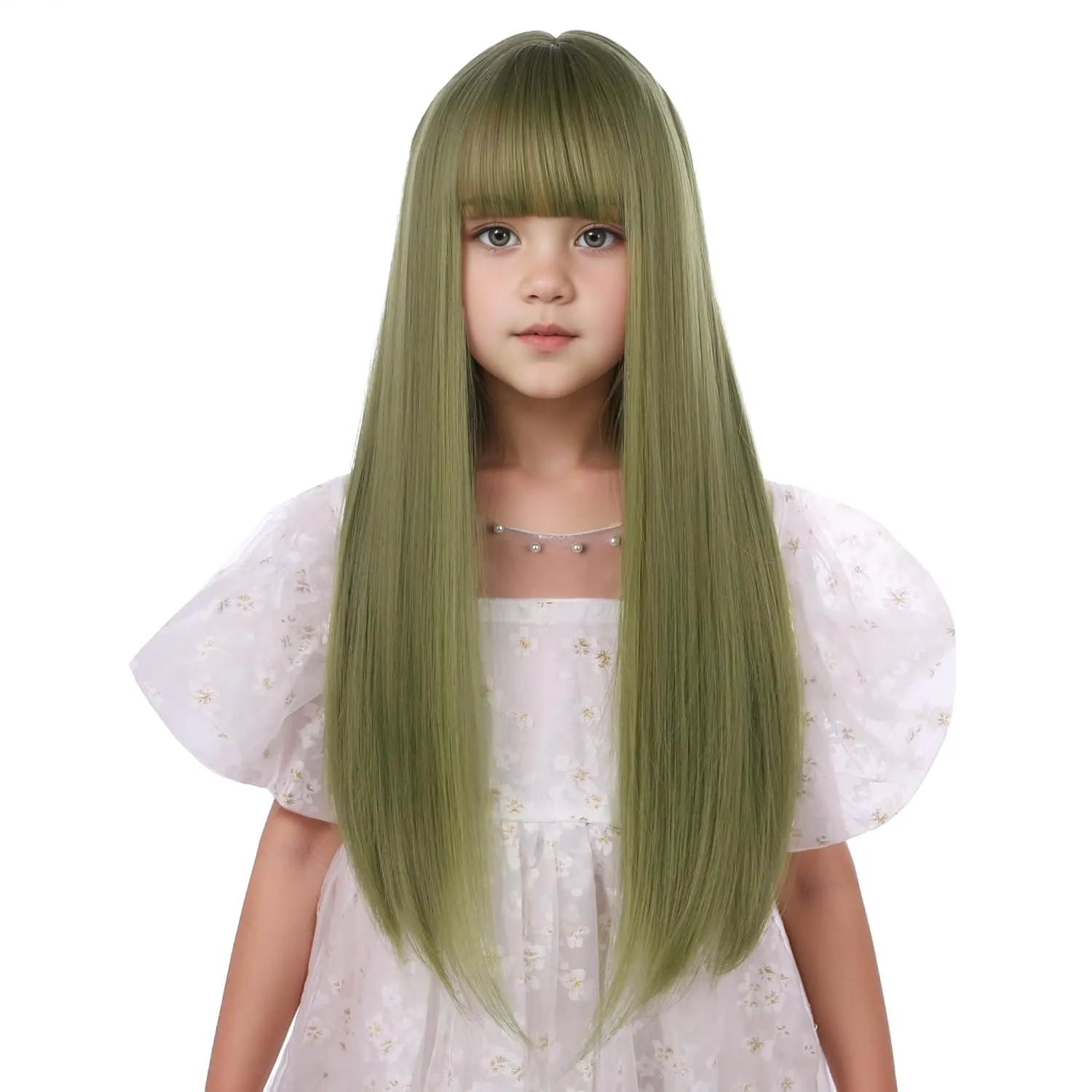 Kids Avocado Green Wig Child Long Olive Green Wig with Air Bangs Girls Dark Green Straight Wig Heat Resistant Synthetic Wig with Wig Cap
