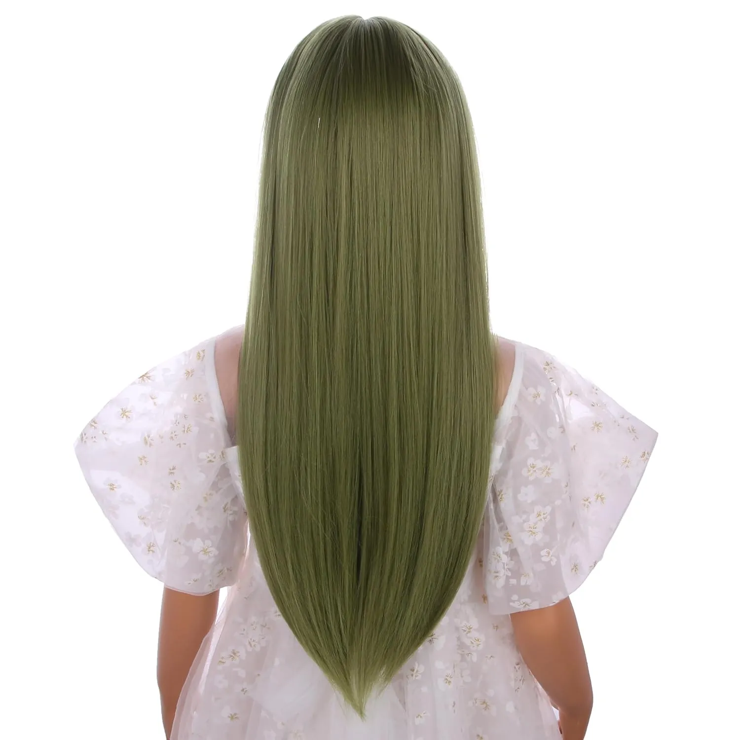 Kids Avocado Green Wig Child Long Olive Green Wig with Air Bangs Girls Dark Green Straight Wig Heat Resistant Synthetic Wig with Wig Cap