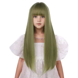 Kids Avocado Green Wig Child Long Olive Green Wig with Air Bangs Girls Dark Green Straight Wig Heat Resistant Synthetic Wig with Wig Cap