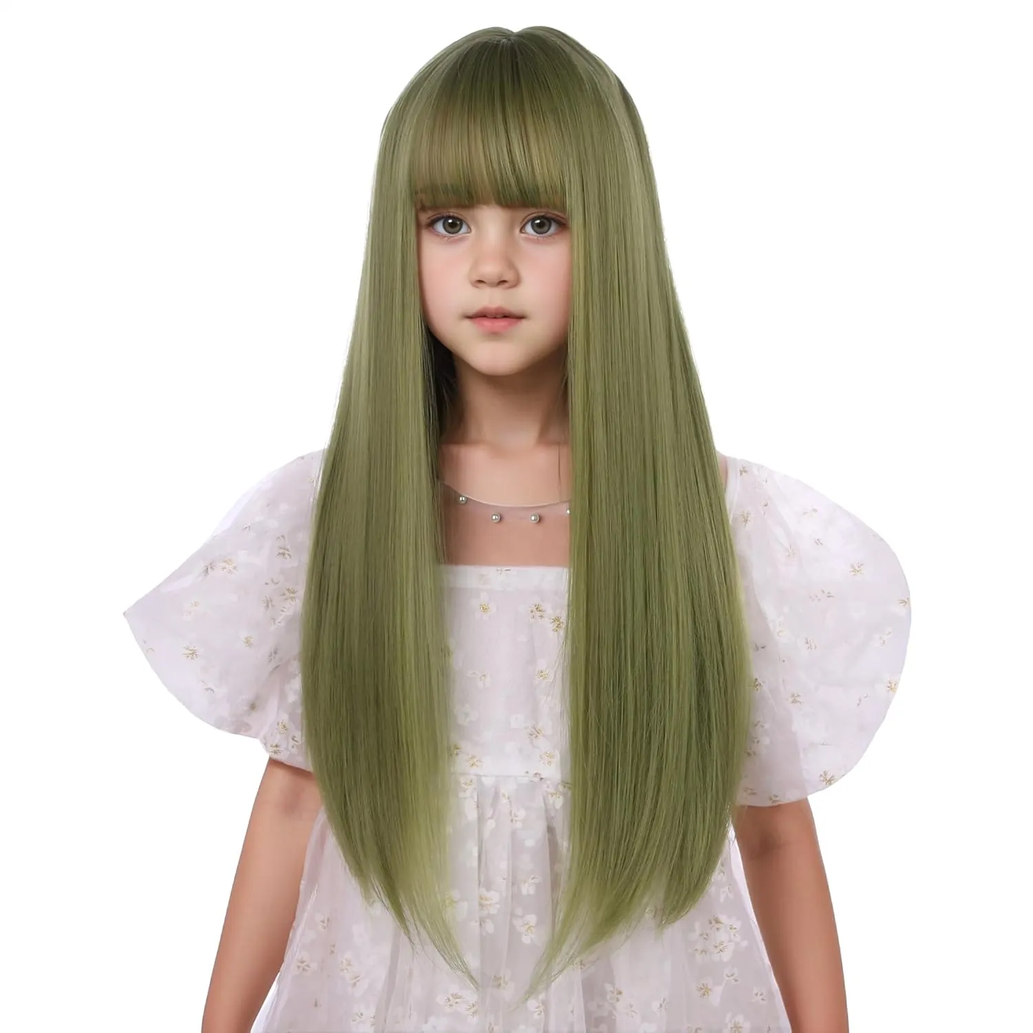 Kids Avocado Green Wig Child Long Olive Green Wig with Air Bangs Girls Dark Green Straight Wig Heat Resistant Synthetic Wig with Wig Cap