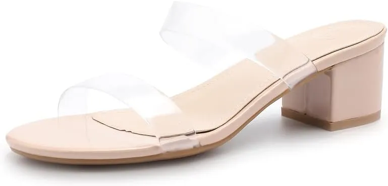 kkdom Round Toe Chunky Heels Sandals-Clear Nude Black Short Heels Two Strap Leather Mule Sandals Slip On Block Heels for Party Dating Daily Work