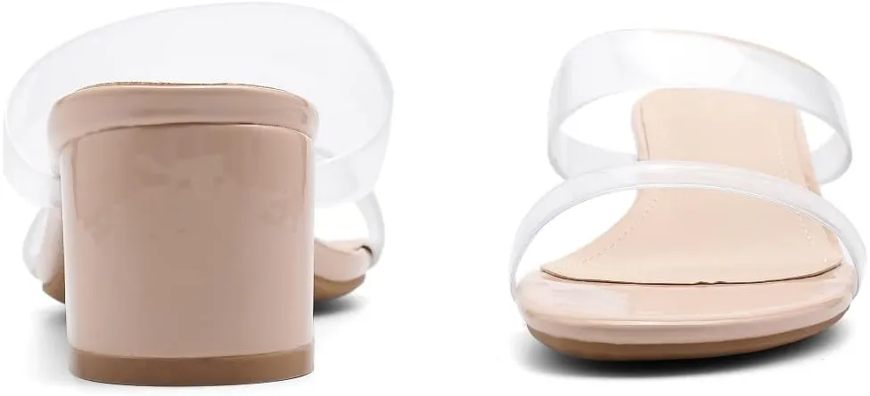 kkdom Round Toe Chunky Heels Sandals-Clear Nude Black Short Heels Two Strap Leather Mule Sandals Slip On Block Heels for Party Dating Daily Work
