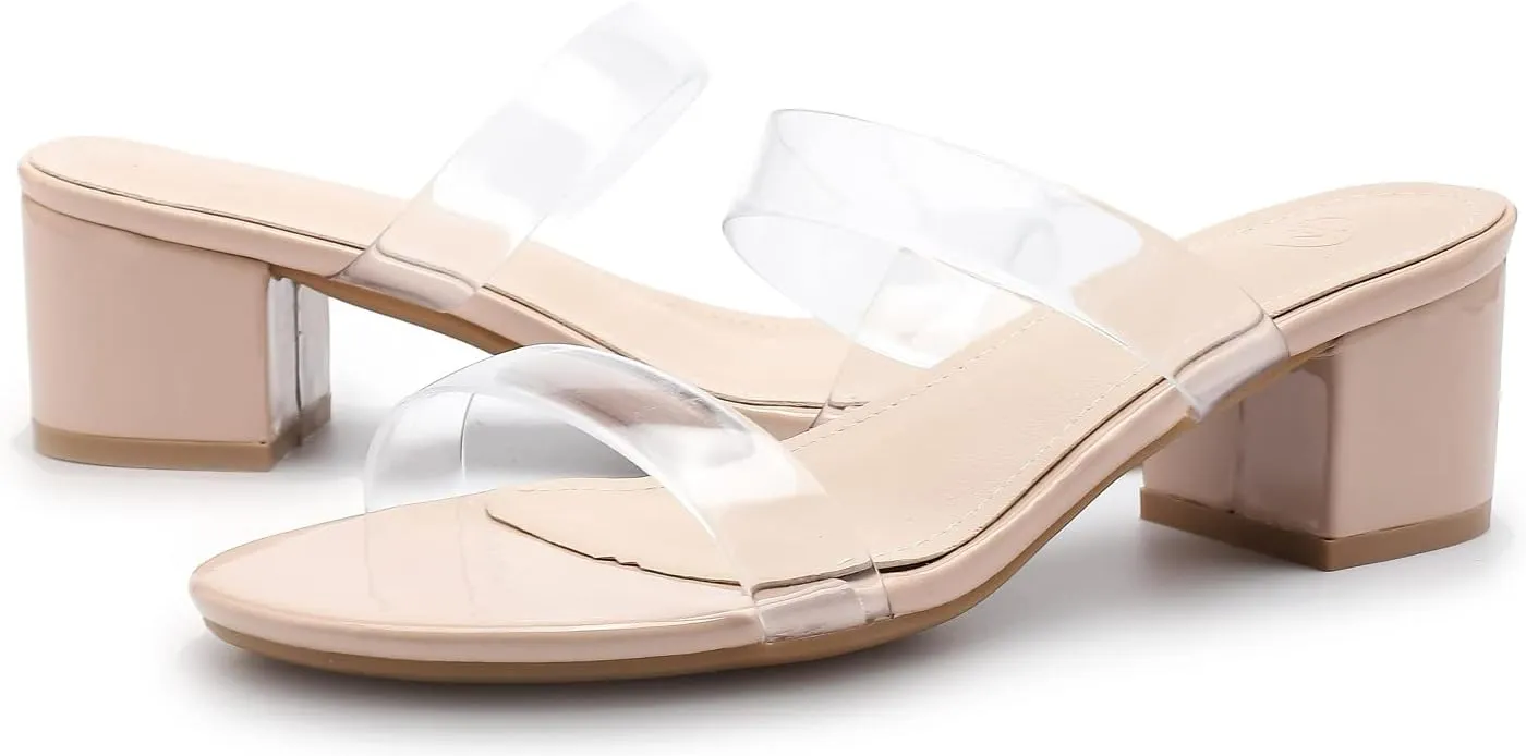 kkdom Round Toe Chunky Heels Sandals-Clear Nude Black Short Heels Two Strap Leather Mule Sandals Slip On Block Heels for Party Dating Daily Work