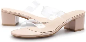kkdom Round Toe Chunky Heels Sandals-Clear Nude Black Short Heels Two Strap Leather Mule Sandals Slip On Block Heels for Party Dating Daily Work
