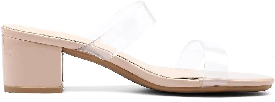 kkdom Round Toe Chunky Heels Sandals-Clear Nude Black Short Heels Two Strap Leather Mule Sandals Slip On Block Heels for Party Dating Daily Work