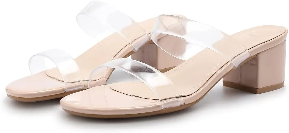 kkdom Round Toe Chunky Heels Sandals-Clear Nude Black Short Heels Two Strap Leather Mule Sandals Slip On Block Heels for Party Dating Daily Work