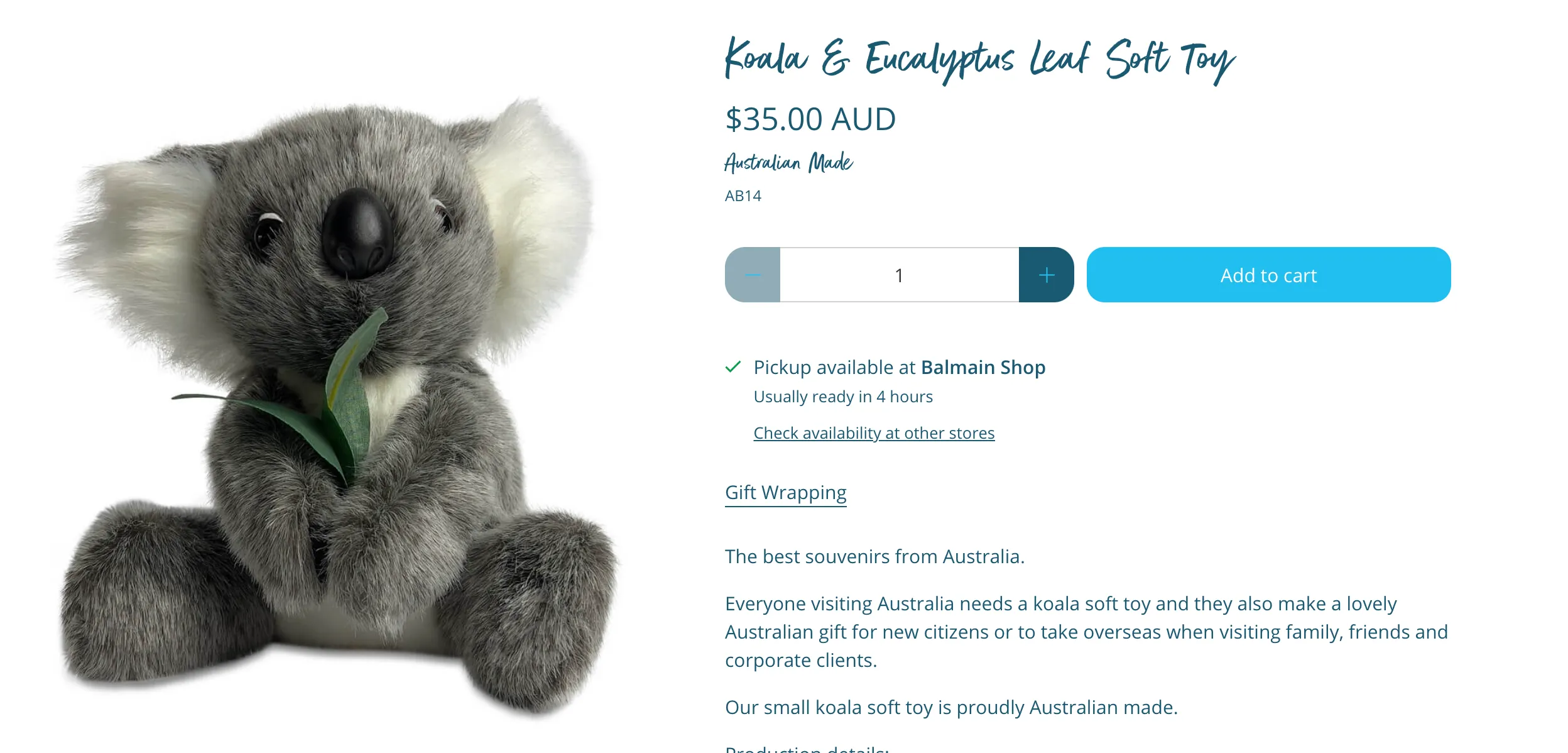 Koala & Eucalyptus Leaf Soft Toy, NWTS