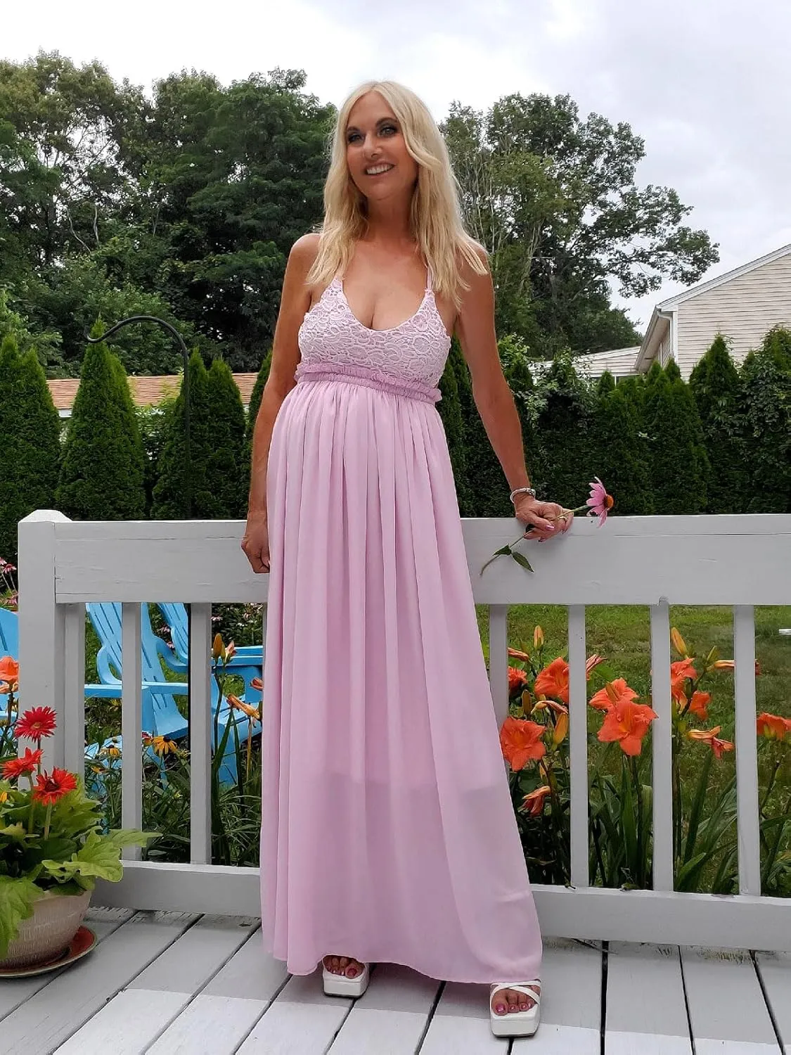 Ladmous Women's V Neck Floral Lace Wedding Dress Sleeveless Bridesmaid Evening Party Maxi Dress