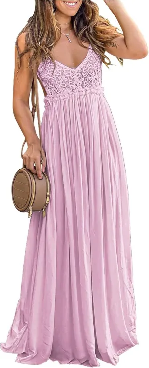 Ladmous Women's V Neck Floral Lace Wedding Dress Sleeveless Bridesmaid Evening Party Maxi Dress