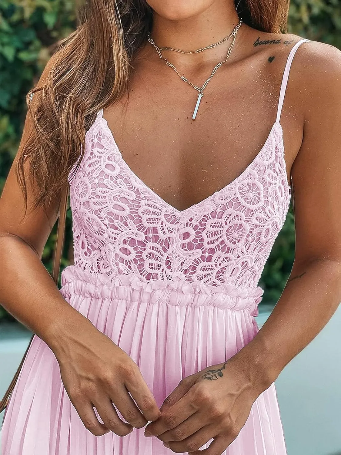 Ladmous Women's V Neck Floral Lace Wedding Dress Sleeveless Bridesmaid Evening Party Maxi Dress