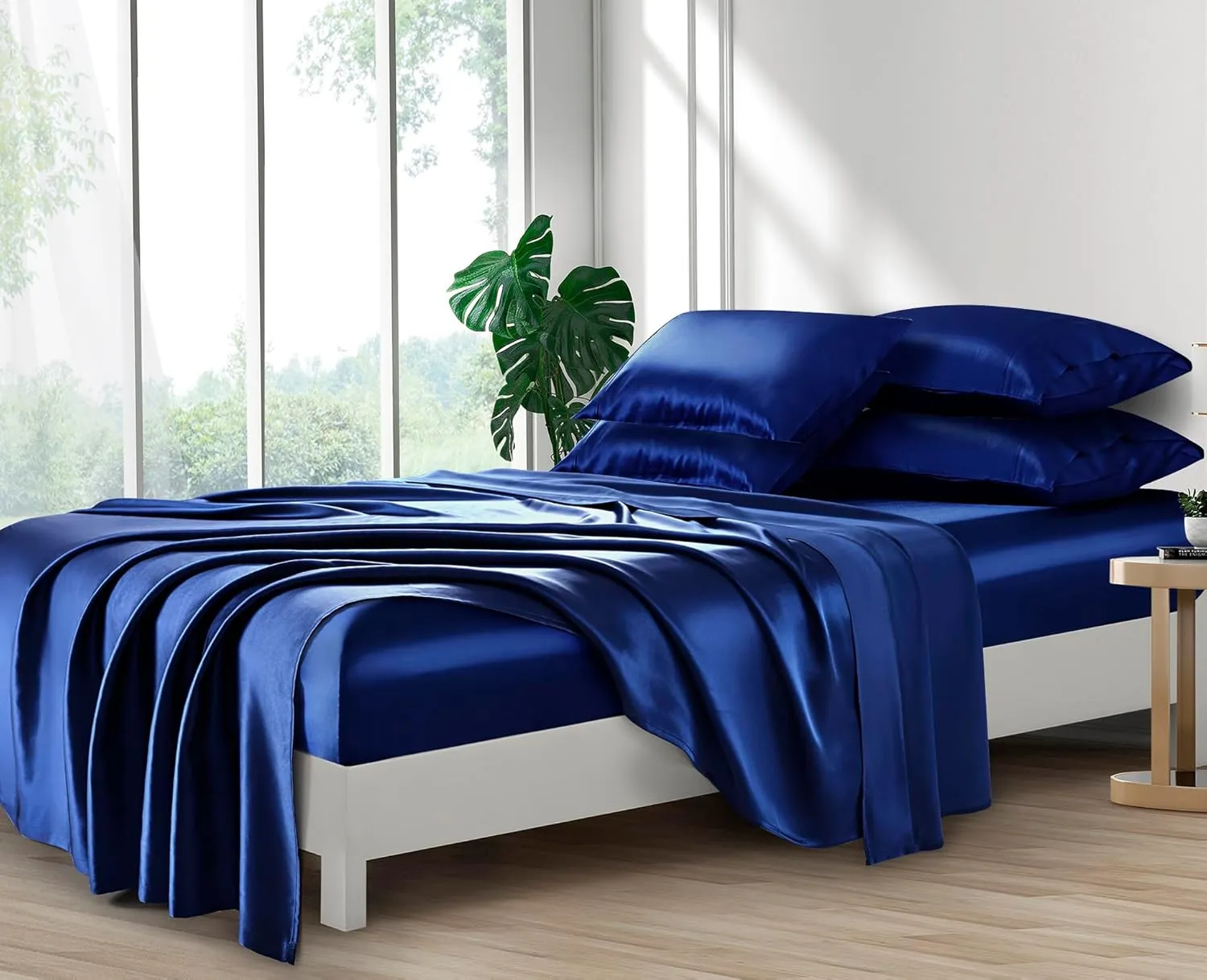 Lanest Housing Silk Satin Sheets, 6-Pieces King Size Satin Bed Sheet Set with Deep Pockets, Cooling and Soft Sheets King - Navy Blue
